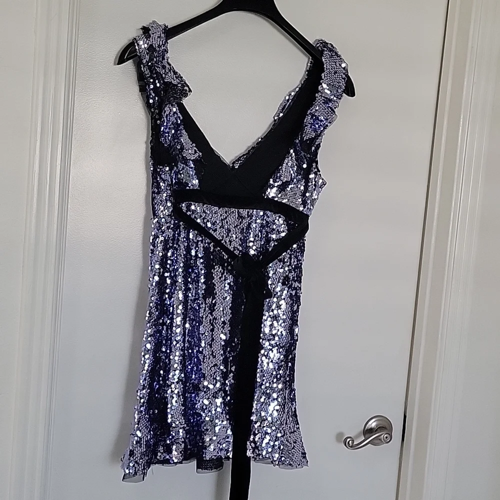 Free People Sequin Metallic Purple Black short dress party cocktail size 6 - Picture 4 of 17